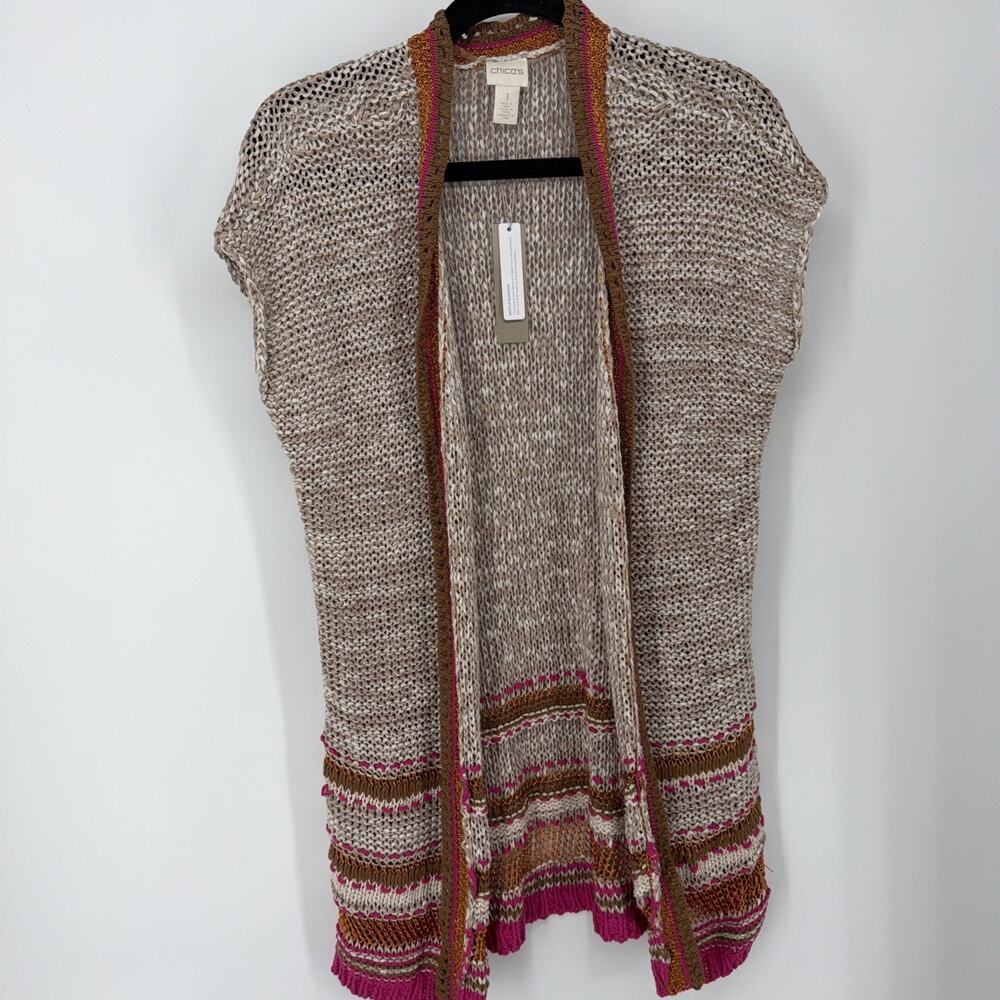 Chico's Color Pop Pattern Cardigan Sweater Tan Pink Metallic Size 1 M $129